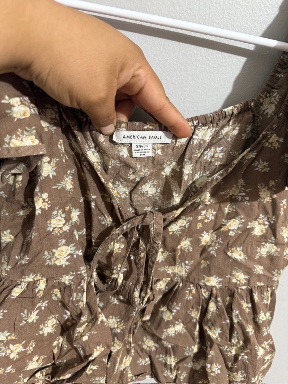 American Eagle Top Women S Brown Floral Peplum Puff Sleeve Tie Front Cottagecore - Picture 7 of 11